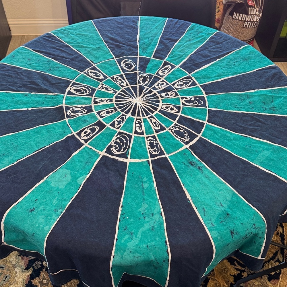 OLA Boho Hippie Blue, Green, White Tie Dyed Round Table Cloth- size 66” Diameter